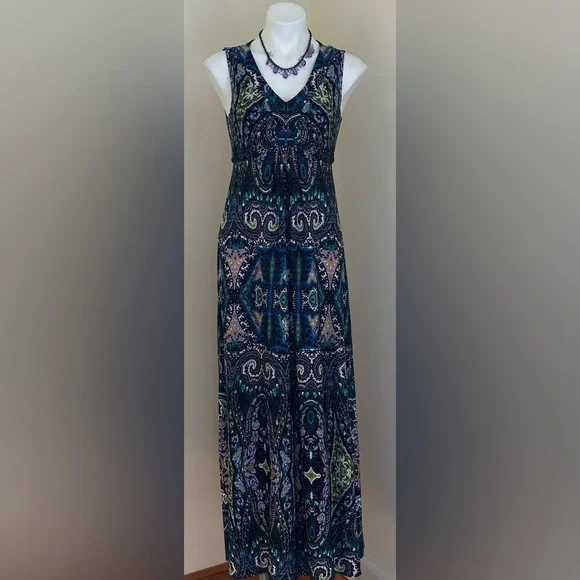 Chico's Vibrant Colors Blue Green Purple & Black Maxi V Neck Dress Sz 0, - Picture 2 of 12